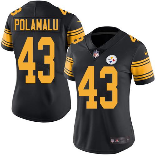 Nike Steelers #43 Troy Polamalu Black Women's Stitched NFL Limited Rush Jersey - Click Image to Close